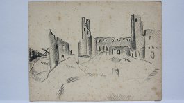 Burgruine mit Windmühle., ca. 1910.. null